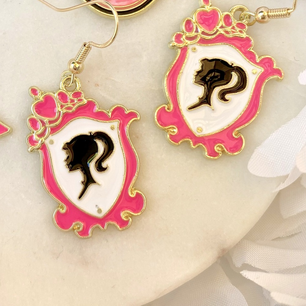Barbie Inspired Silhouette Pink Cameo Vintage Frame Earrings NWT